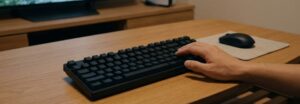 日本のリビングのコーヒーテーブルに置かれた、ケーブルのないコンパクトなテンキーレスワイヤレスキーボードとマウスのセット。背景のテレビ画面にはゲーム映像が映り、リラックスした空間を強調している。